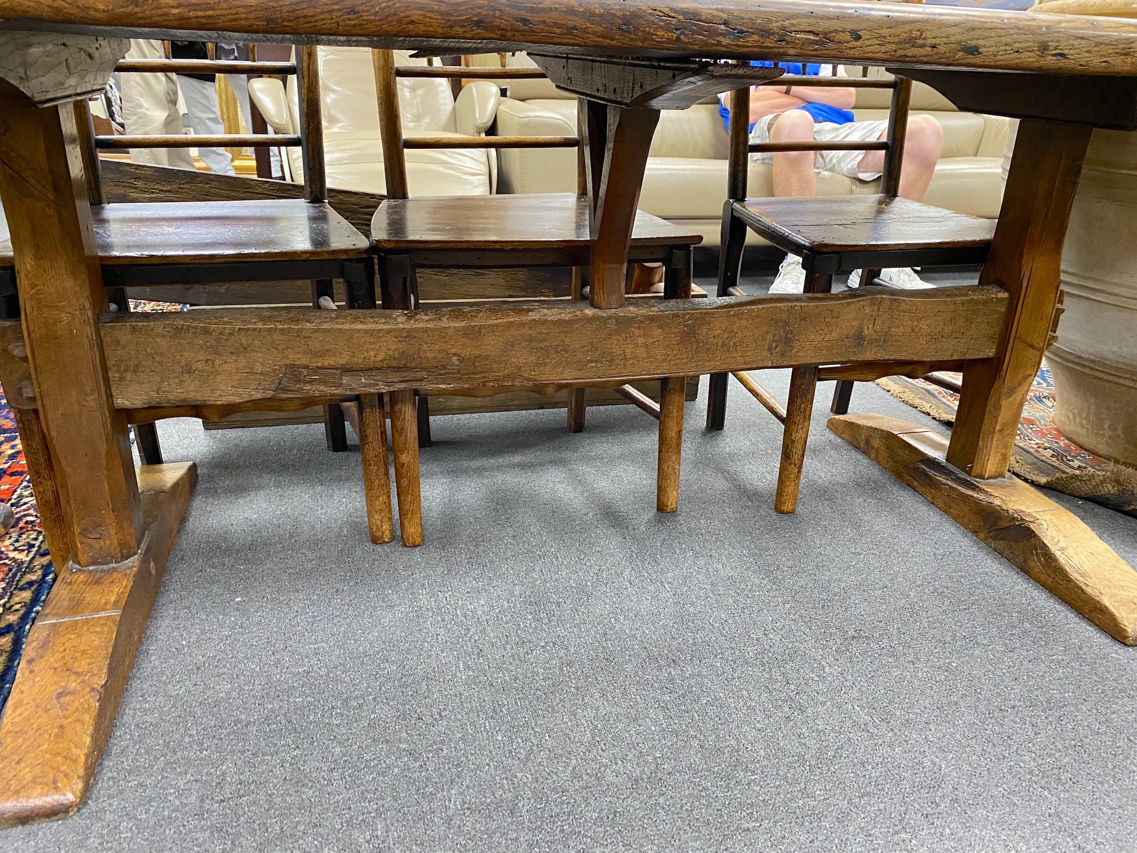 An antique oak refectory dining table, length 162cm, width 82cm, height 74cm